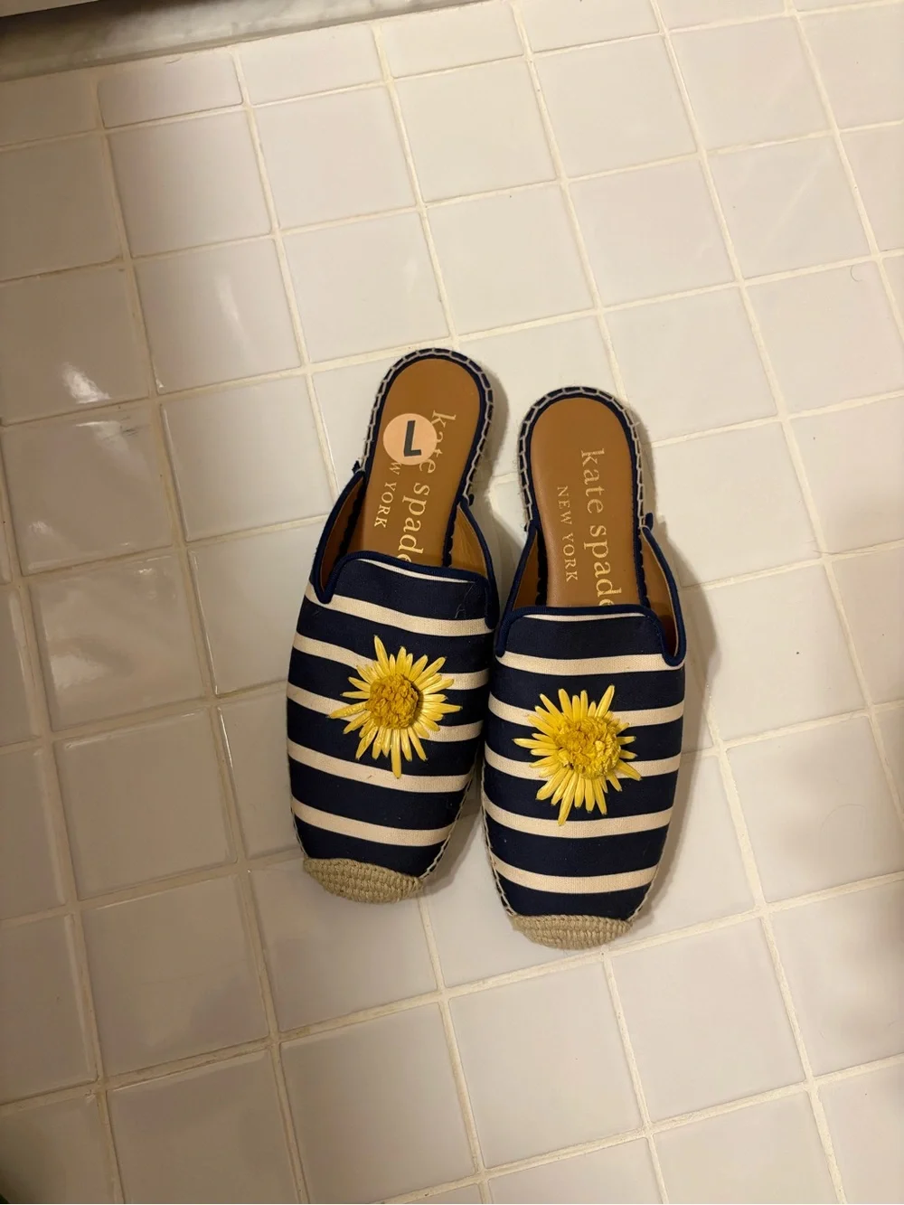 kate spade Navy and White Striped Slip-On Mules with Yellow Flower Appliqués